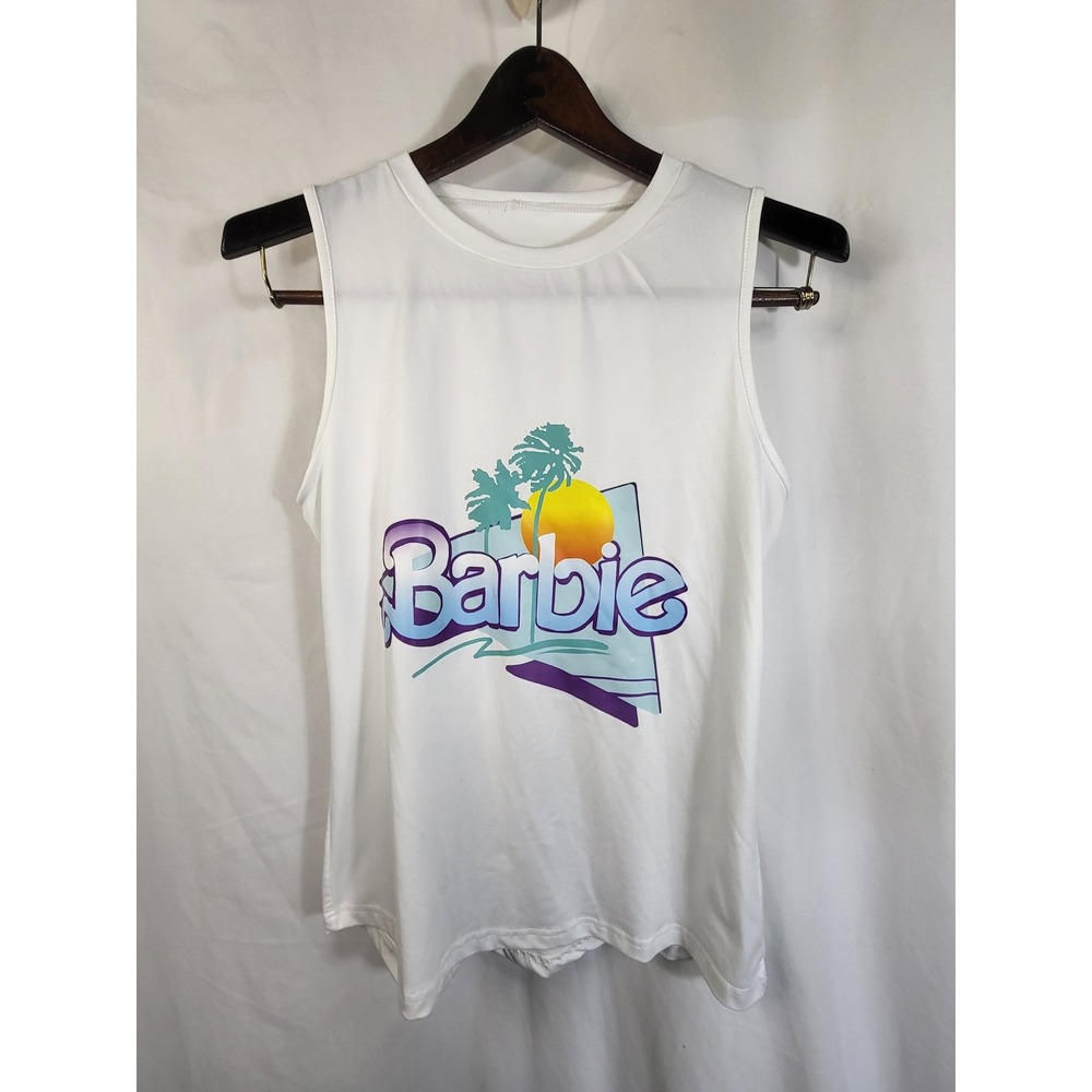 Barbie Graphic Muscle Tank Top Womens Medium White 80s Tropical Retro Sleeveless